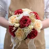 Dekorativa blommor icke-blekande konstgjorda rose realistiska återanvändbara bröllopsbukett med band bowknot gröna blad elegant