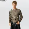 Männer T-shirts Männer Hemd Mesh Transparent Pailletten Funkelnden Oansatz Langarm Camisetas Streetwear Sexy 2024 Party T Tops S-5XL INCERUN