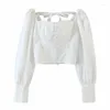 Damesblouses Dames Witte knoppen aan de voorkant Vierkante kraag Crop Tops Sexy korset Slanke taille Pullover met volledige pofmouwen