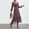 Casual Dresses Women Floral Print Midi Dress Sweetheart Neckline Long Puff Sleeve Fashion Backless Holiday