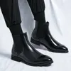 Mode Black Red Men's Chelsea Boots Autumn Winter Pointed Flat Heel Ankle Boots Quality äkta läder Business Casual Boots 240126