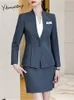 Yitimuceng Grey 2 Piece Blazer and Skirt Fashion Office Ladies Single Breasted V Neck Blazers Casual High Waist Mini Suits 240202