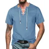 Camisas casuais masculinas masculino sólido decote em v manga curta denim borla camisa tops blusa t para homens pacote masculino