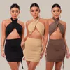 Casual Dresses Halter Neck For Women 2024 Summer Hollow Out Bandage Mini Dress Sexy Night Club Bodycon Draped Black