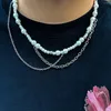 KunJoe – collier ras du cou Punk pour hommes, Imitation de perles, Vintage, multicouche en métal, chaîne à maillons croisés, cadeau de fête