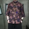 Этническая одежда, летняя мужская рубашка Hanfu Sinicism, винтажный костюм Тан с принтом лотоса, повседневная свободная пряжка с циферблатом, воротник-стойка