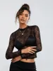 Women's T Shirts Womens Sheer Mesh Lace Crop Top Long Sleeve Floral Patterned Mock Neck See Through Layering Tees Sexy Y2K