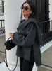 Sonbahar Kısa Gri Örme Cape Ceket Eşarp Kadın Moda Moda Uzun Kollu Gevşek Kış Kış Zarif Şık Sokak Giyim 240122
