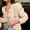 QWeek Korean Tweed Jackets Women Overized Single Breaste Woolen Short Coats Autumn Spring Spring Vintage Crop Crop Top 240124