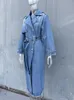 RR2418 Xlong Denim Trench Coats for Women Belt on Weist Slim Jean Coats Ladies Jaqueta Feminina Blue Jean Woman 240119