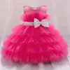 Toddler Fluffy Pink Wedding Party Dresses for Baby 28 Yrs Sequin Bow Tulle Baptism Birthday Princess Clothe Lace Summer 240131