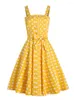 Casual Dresses Tonval Yellow 50s Pinup Vintage Button Front Polka Dot Summer Tank Women Evening Belled Cotton Midi Dress