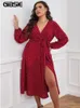 GIBSIE grande taille à pois col en v robe ceinturée 4xl 3xl femmes printemps été Boho a-ligne fendue longues robes vacances Sexy robes 240201