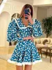 Casual Dresses Claceive Fashion Slim Print Women's Dress Elegant Doll Collar Lantern Sleeve Mini Vintage Ruffle Patchwork Kvinna