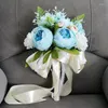 Fleurs de mariage beau Bouquet bleu blanc feuilles vertes de mariée pivoine en soie accessoires de fête décoration de la maison