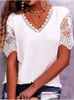 Kadın Tişörtleri Yaz Dantel Patchwork Petal Kısa Kol V Yez Beyaz T-Shirt Moda Sıradan Gevşek Renk Vintage Bluses Üstler