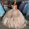 Champagner-Ballkleid-Quinceanera-Kleid mit Blumenapplikation, 3D-Blume, schulterfrei, mit Perlen verziert, Tüll, Sweet 16, Vestidos De XV Anos