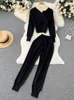 Singreiny Winter Casual Sticked Two Piece Suits V Neck Long Sleeve Sweater Elastic Casual Long Pants Set Women Sweater Set 240130