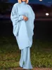 Pantalon de deux pièces pour femmes 2024 Femmes Loose Fit 2PCS Style musulman Loungewear Assortiment Ensemble Solid Batwing Manches Long Cardigan Top Flare Dames