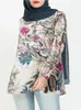 Kvinnors blusar abaya bomull och linne tryckt långärmad rund hals casual muslimsk skjorta
