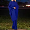 Calças femininas de duas peças 2024 Mulheres Soltas Fit 2 PCS Estilo Muçulmano Loungewear Conjunto de Correspondência Sólida Batwing Manga Longa Cardigan Top Flare Senhoras