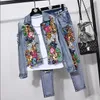 Tweedelige damesbroek Europese stijl Denim pak Mode-outfit Dames Jas met bloem lovertjes Korte jeans Tweedelige set Dames Dames