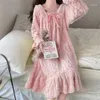 Women's Sleepwear Womens Korean Pajamas Style Fleece Nightgown Piece Dress Night One Collar 2024 Square Winter Home Bow Wear Knee Length