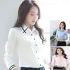 Blouses pour femmes 8 taille blanc rayé contraste patchwork manches longues bouton col formel bureau coréen vintage fit femmes chemises haut