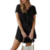 Casual Dresses Women Short Cargo Dress Solid Color Lace- Up Sleeve Summer Loose Buttons Pockets T-Shirt Vestidos