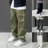 Men's Pants Secure Pocket Men Work Trousers Retro Style Cargo With Elastic Waist Wide Leg Multi Pockets For Comfortable