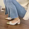 Sandálias Moda Square Toe Slingbacks Mulheres Sapatos 2024 Salto Médio para Salto Grosso Salto Alto Traf