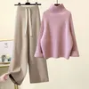 Herfst Winter Warm Gebreid Pak Vrouwen Lange Mouw Halve Coltrui Breien Trui En Wijde Pijpen Broek Sets Bovenkleding Losse Set