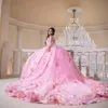 Rosa Quinceanera-Kleid, schulterfrei, Korsett, Ballkleid, Applikation, Spitze, bunt, 3D-Schmetterlings-Tull, süßes 16. Kleid für 15 Jahre
