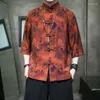 Этническая одежда, летняя мужская рубашка Hanfu Sinicism, винтажный костюм Тан с принтом лотоса, повседневная свободная пряжка с циферблатом, воротник-стойка