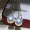 Dangle Earrings 10-11mm Circular Natural South China Sea White Pearl In 18k Gold