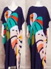 Plus Size Bohemian Black Plant Printed Kaftan Dress 2024 Summer Clothing Women Sundress Beach Wear Maxi Dresses Q1476 240202