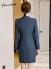 Yitimuceng gri 2 parçalı blazer ve etek moda ofisi bayanlar tek göğüslü v boyun blazerleri gündelik yüksek bel mini takımları 240202
