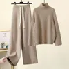 Herfst Winter Warm Gebreid Pak Vrouwen Lange Mouw Halve Coltrui Breien Trui En Wijde Pijpen Broek Sets Bovenkleding Losse Set