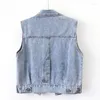 Gilet da donna Vintage con paillettes azzurre Tasche grandi Gilet di jeans Gilet da donna Giacca senza maniche da cowboy Jeans corti larghi primaverili Donna