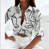 Women Spring Elegant Trown Down Blouse Pintage Printing Slim Slim Office Office Office Fashion Tops Long Sleeve Tops 240223