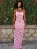 Casual Dresses 2024 Sexy Pink Lace Dress Women's Elegant Sleeveless See Through Backless Slim Long Maxi Evening Party Slip Streetwear