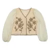 Women Casual V-Neck Button Down Cropped Cardigan Puff Long Sleeve Elegant Embroidery Floral for Jacket Cover Up Blouse S N7YD 240202