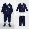 Children's Autumn Formal Solid Color Suit Set Boys Wedding Party Host Pography Costume Kids Blazer Vest Pants Bowtie Clothes 240122