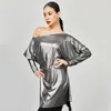 Stadiumkleding Latin Dance Tops Vrouwen Vleermuismouwen Schuine Schouder Zilveren Blouse Volwassen Leraar Rumba Salsa Kostuum NV19276