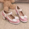 Dress Shoes Big Size 46 47 48 Pink Mixed White Color Lolita Closed Toe Girls Cosplay With Bowtie Knot Chunky High Heels Women Pumps