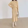 Vestidos de trabajo de invierno para mujer, conjunto de 2 piezas de punto para oficina, jerséis de manga larga para mujer, suéter, faldas superiores, trajes de 2 uds, conjuntos cálidos elegantes