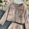 Vestidos de trabalho 2 pçs mulheres tweed conjunto primavera elegante manga longa miçangas jaqueta mini saia ternos outono moda feminina lã