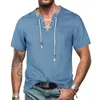 Camisas casuais masculinas masculino sólido decote em v manga curta denim borla camisa tops blusa t para homens pacote masculino