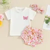 Kleidungssets Baby-Mädchen Shorts Set Kurzärmel Butterfly Print T-Shirt Blumenstirnband Sommer-Outfit Kinder