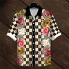 Men's Casual Shirts Floral Plaid Print Hawaiian For Men Check Shirt Valentine's Day Short Sleeve Oversized Top